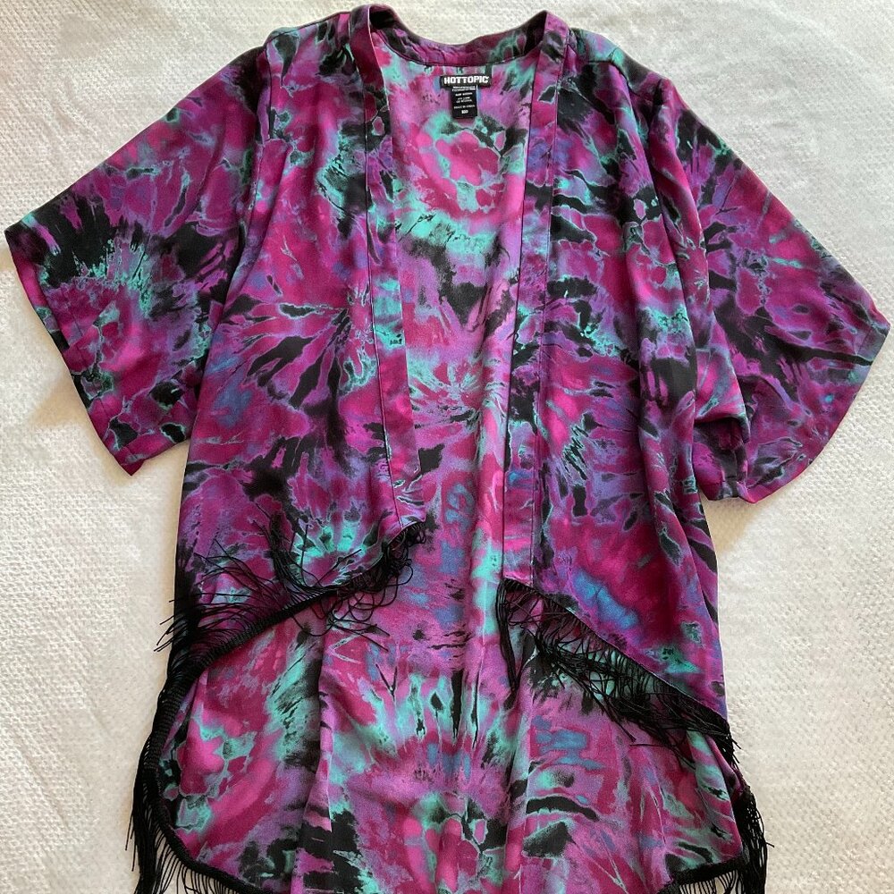 Hot Topic Tie Dye Fringe Kimono in Blue and Purple Size M Sheer Flowing Shrug